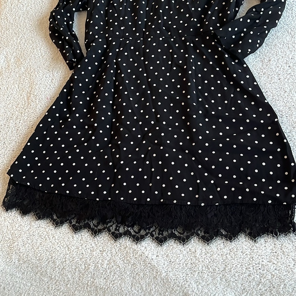 Forever 21 polka dot dress black white 3/4 sleeves lace hem detail M|L - Picture 8 of 11
